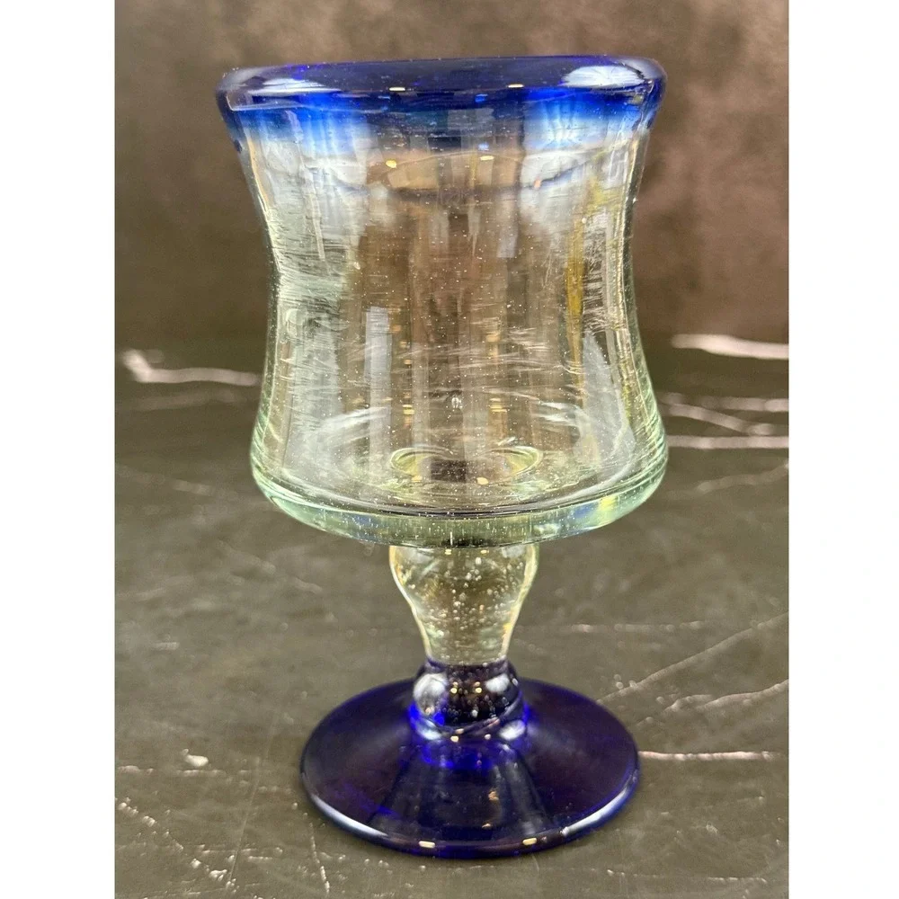 Mexican Hurricane Glass Hand Blown Cobalt Blue Stem and Rim 5 1/8in
